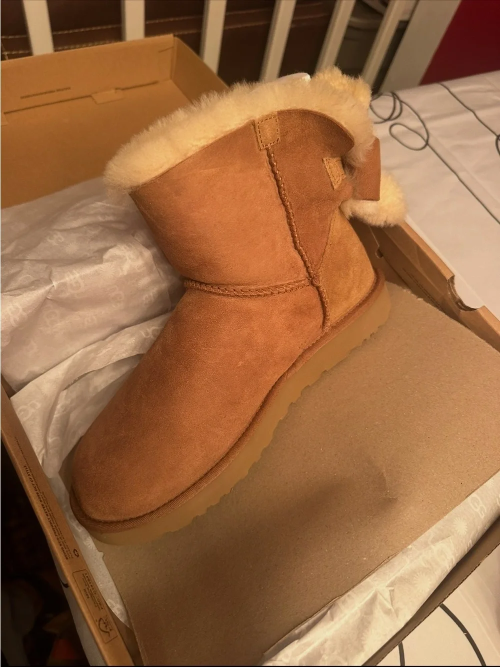 UGG Women Chestnut Suede Shearling Back-Bow Slipper Boot